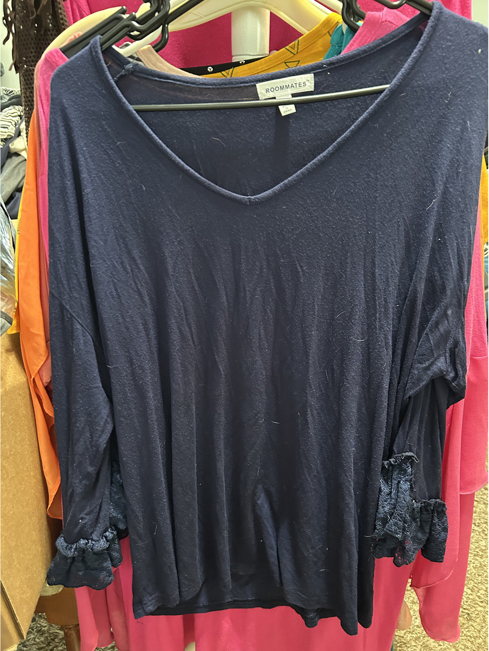 Roommates Women's Navy Blue 2X Long Sleeve Top with Ruffle Sleeves